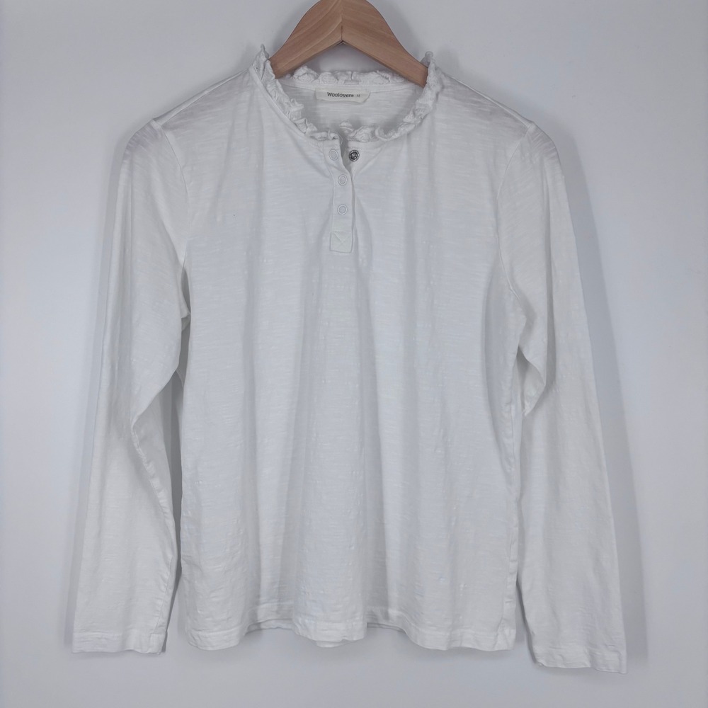 Woolovers Henley Top Womens Medium White Ruffle Neck Long Sleeve Slub Knit Tee